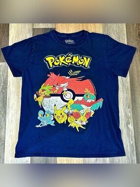 Nintendo Navy Graphic Tee with Yellow Pokémon Logo & Multicolor Characters